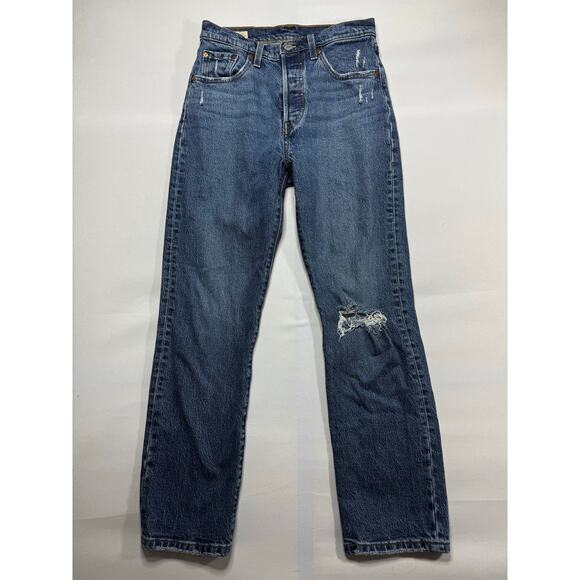Levi's 501 Women's Straight Leg Button Fly Blue Denim Jeans - Size 25x28 (26x27) - Picture 1 of 5